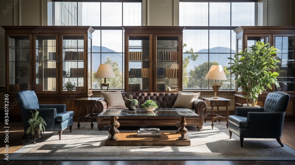 A boutique law firm office with classic furniture, bookshelves, and a meeting room 