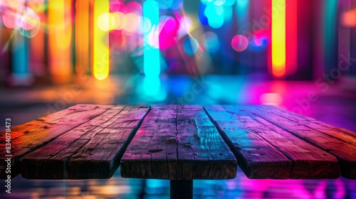 Wooden table against vibrant neon light bokeh background photo