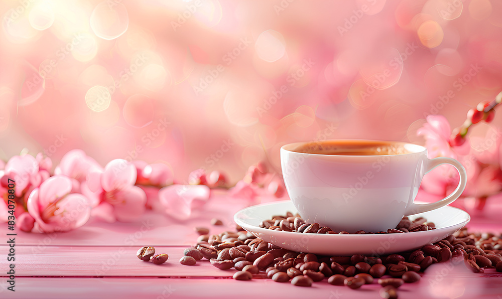 Fototapeta premium a cup of coffee on pink background 