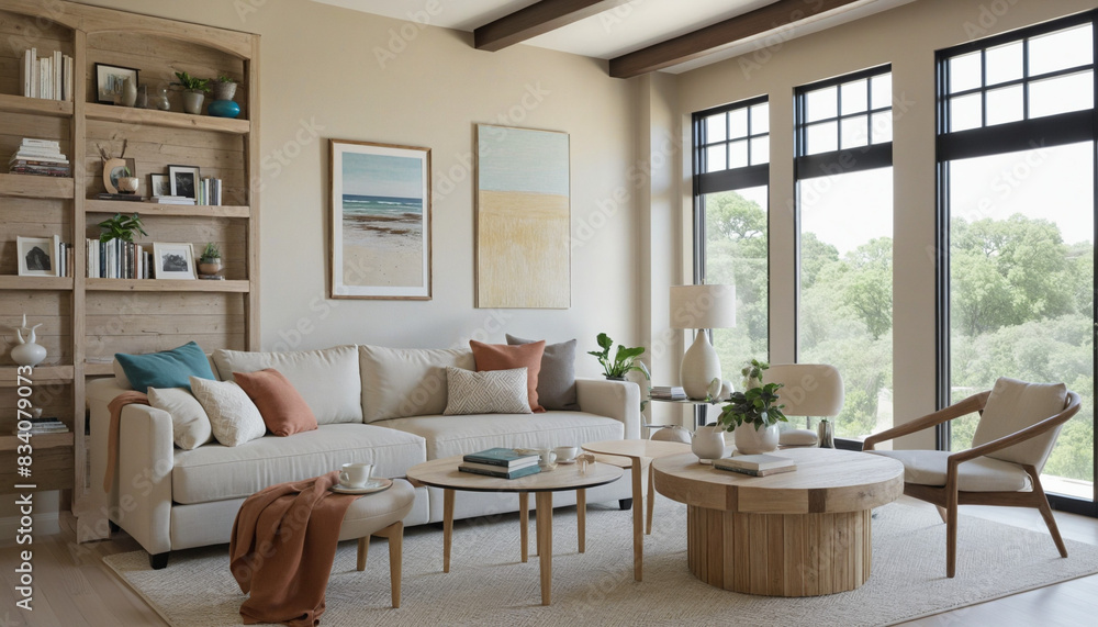 Cozy coastal-inspired living space with neutral tones, swivel chairs, and wooden beams exuding a relaxed and comfortable home interior ambiance