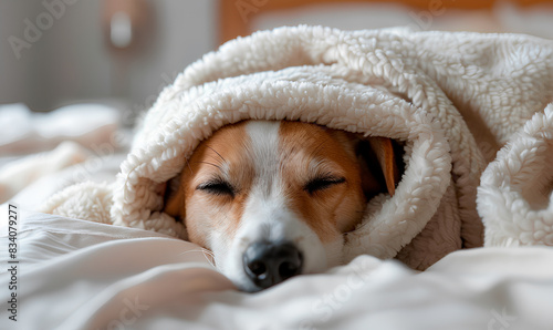a dog sleeping on a bed with a blanket photo
