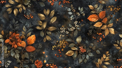   A painting depicts leaves, berries, and orange, yellow, and brown tones on a dark background