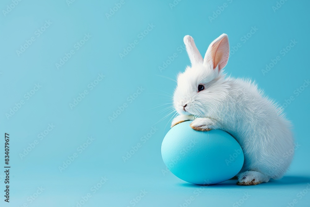 Blue painted egg with Easter bunny rabbit on blue background. Holiday concept for Easter. Blue painted egg with Easter bunny rabbit on blue background. Holiday concept for Easter.