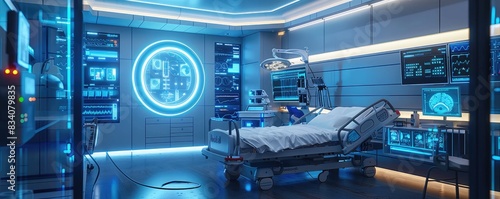 A futuristic hospital room equipped with advanced medical technology and a comfortable patient bed.