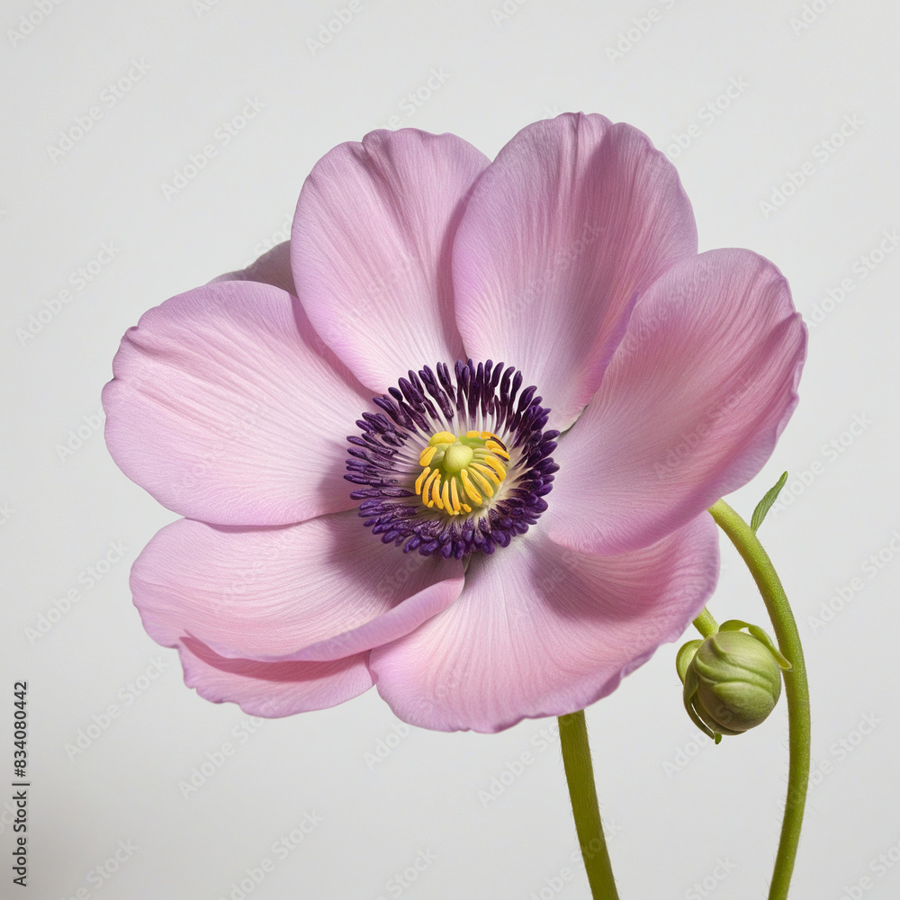 Fototapeta premium Lone purple anemone bloom standing out in the white backdrop, symbolizing the beauty of nature in spring