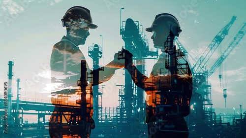 Two engineer standing and hand shaking with industrial factory background, double exposure photo