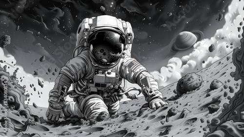 A black and white drawing of an astronaut on the moon, AI
