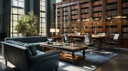 A boutique law firm office with classic furniture, shelves of legal books, and a formal meeting room 