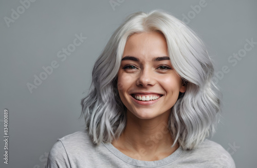 happy portrait of a woman isolated grey background in the studio