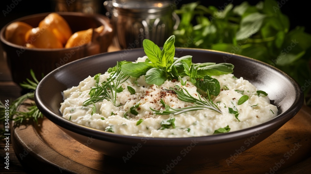 A bowl of creamy risotto garnished with freshly grated Parmesan cheese and cracked pepper  