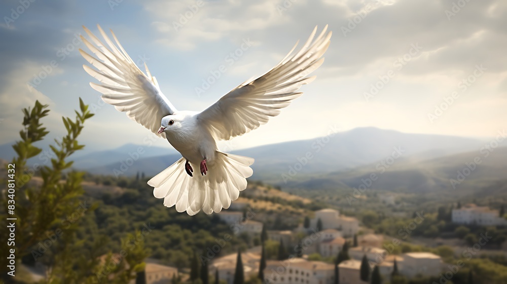 Obraz premium Symbolic image of a dove with an olive branch flying over a tranquil landscape, representing peace
