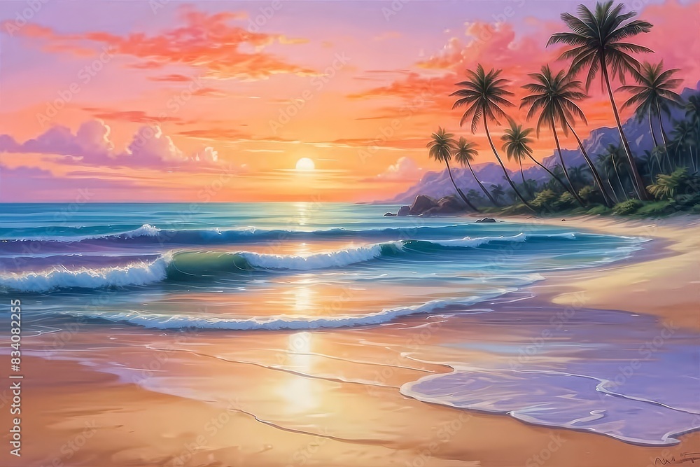 Serene blue orange purple tropical beach calm waves vibrant sunset palm trees landscape. 