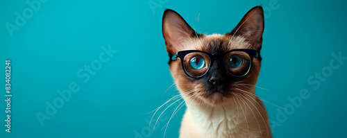 a cat wearing glasses looks at the camera on the blue background