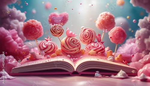 Fantasy magic open book in pink colors