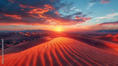   Sunset over desert landscape with sand dunes and mountains