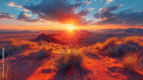   The sun descends over an arid landscape with a distant mountain range and lush vegetation in the foreground photo