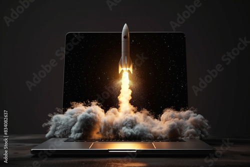 Space rocket shuttle with a cloud of smoke and blast takes off from a laptop