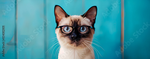 a cat wearing glasses looks at the camera on the blue background