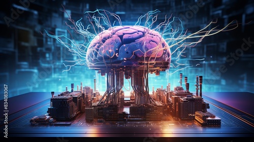 A brain interfacing with a computer, showing code and digital enhancements   photo