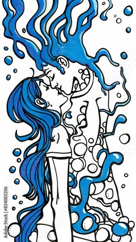 An illustration of a loving LGBTQ couple embracing  their blue hair merging into a swirl of love