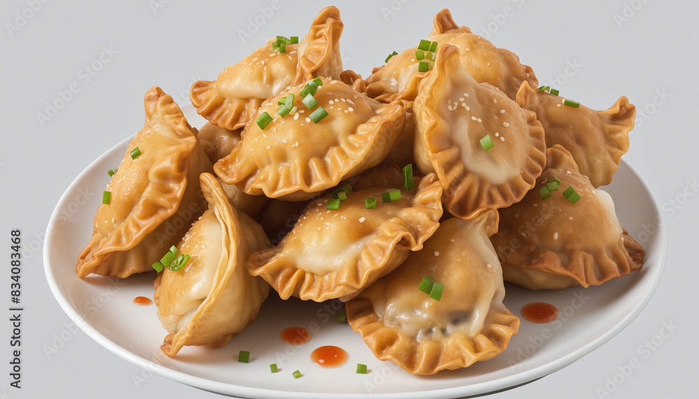 Homemade crispy dumpling filled with spicy chicken and served with traditional soy sauce, isolated on a white background with clipping path Homemade crispy dumpling filled with spicy chicken and served with traditional soy sauce, isolated on a white background with clipping path