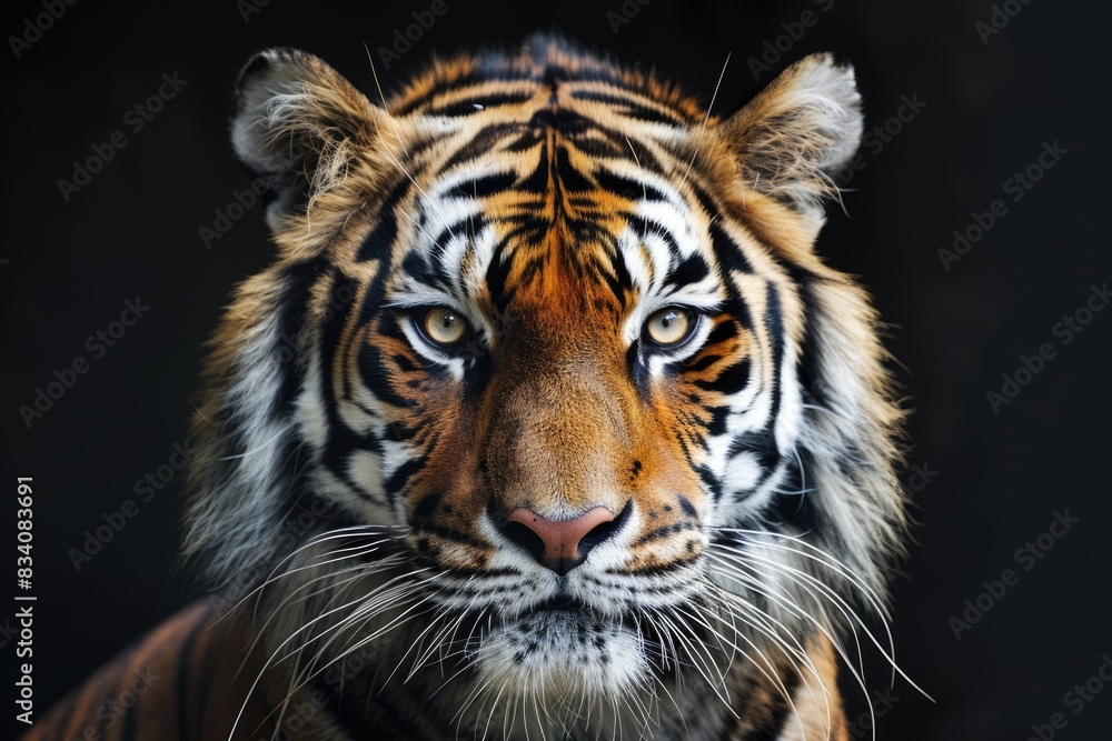 Obraz premium Tiger Drawing. Close-up Portrait of Wild Cat Face in Black Background