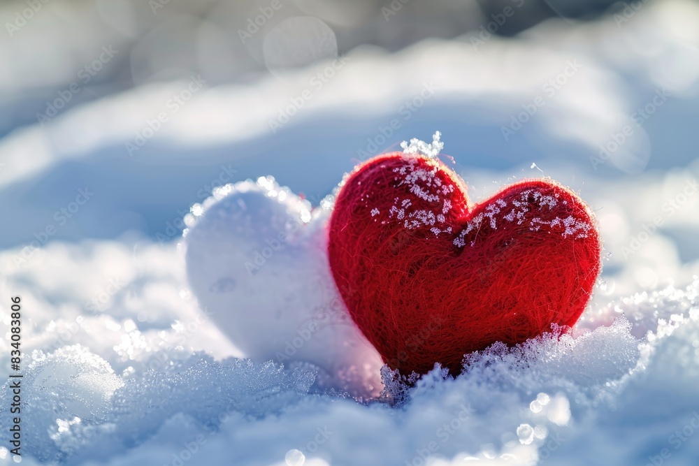 Winter Hearts. Love and Valentine's Day Concept with Red and White Hearts on Snow Background Winter Hearts. Love and Valentine's Day Concept with Red and White Hearts on Snow Background