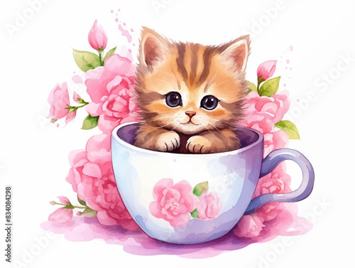 cute cartoon kitten sitting in a tea cup with flowers funny cat character design spring concept valentine s day greeting card watercolor illustration isolated on white background