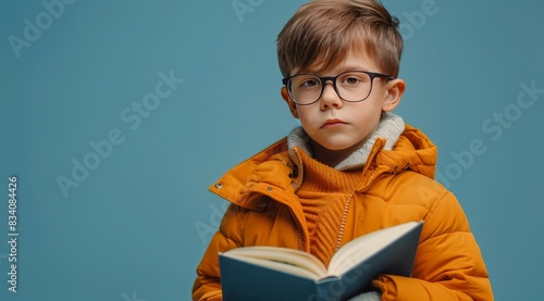 Little Boy in Yellow Jacket Reading Book