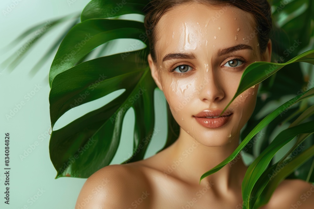 Natural Beauty: Woman with Smooth Skin and a Wet Monstera Deliciosa Plant Leaf Natural Beauty: Woman with Smooth Skin and a Wet Monstera Deliciosa Plant Leaf