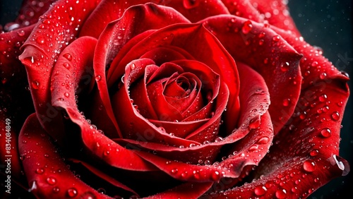 A red rose with water droplets on its petals with black background - Generative AI