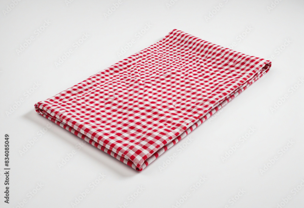 Table setting with red checkered napkin as the main dish model on a linen fabric basis, in a spinning row with few empty spaces, isolated on a white background Table setting with red checkered napkin as the main dish model on a linen fabric basis, in a spinning row with few empty spaces, isolated on a white background