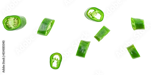 Sliced green chili pepper isolated on a white background, top view. Green chili pepper rings.