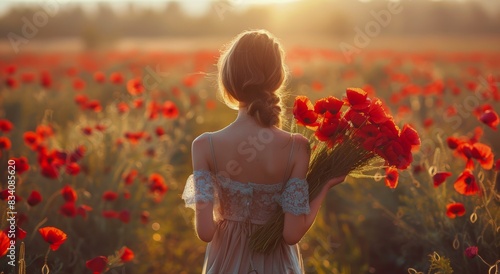 Woman Standing in Field of Red Flowers