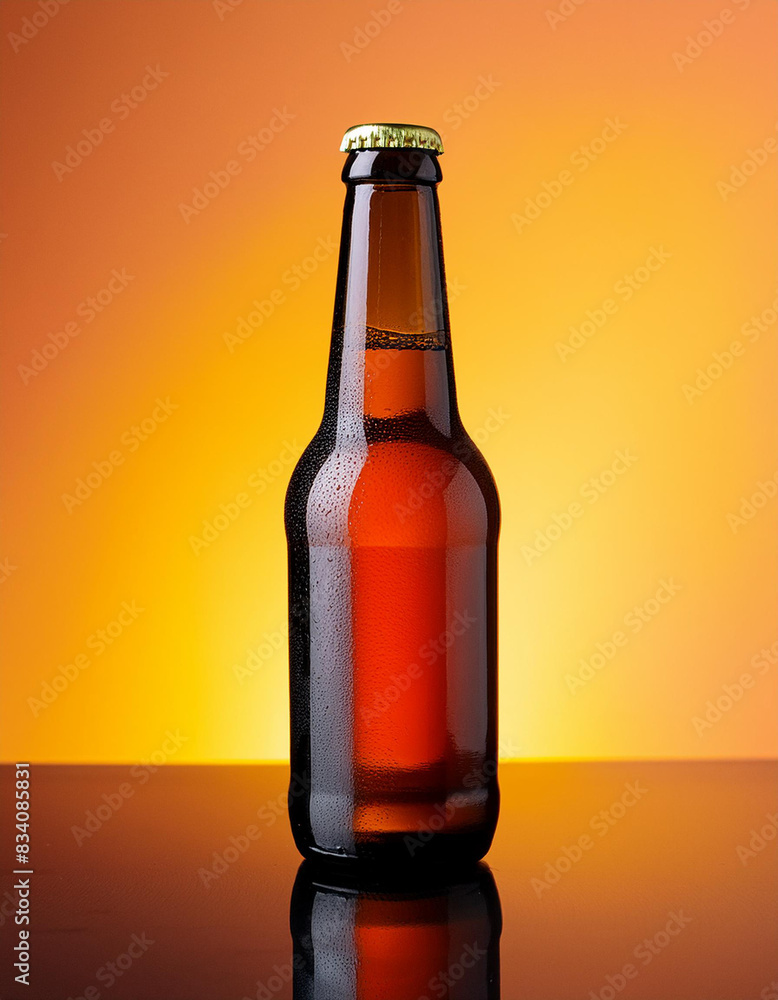 Amber beer bottle against a vibrant orange and yellow backdrop, emphasizing refreshment and modern design in a minimalist setting, copy space on a side Amber beer bottle against a vibrant orange and yellow backdrop, emphasizing refreshment and modern design in a minimalist setting, copy space on a side