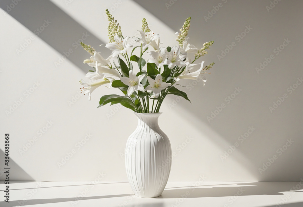 Minimalist interior background template featuring an elegant white vase with a sunshade shadow pattern on a plain beige wall, creating a clean and airy aesthetic for advertising purposes Minimalist interior background template featuring an elegant white vase with a sunshade shadow pattern on a plain beige wall, creating a clean and airy aesthetic for advertising purposes