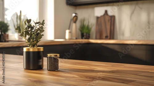 A wooden kitchen countertop with a black and gold seasoning container