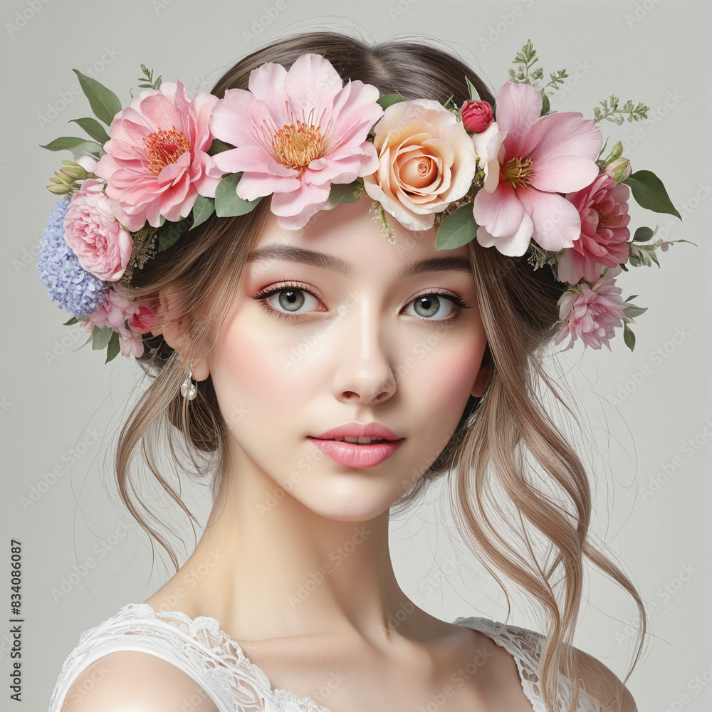 Generative AI creates a modern watercolor illustration of a soft and beautiful bohemian bridal flower crown in gentle pink hues Generative AI creates a modern watercolor illustration of a soft and beautiful bohemian bridal flower crown in gentle pink hues