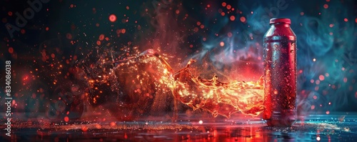A digitally manipulated image of an energy drink can engulfed in colorful flames and smoke.