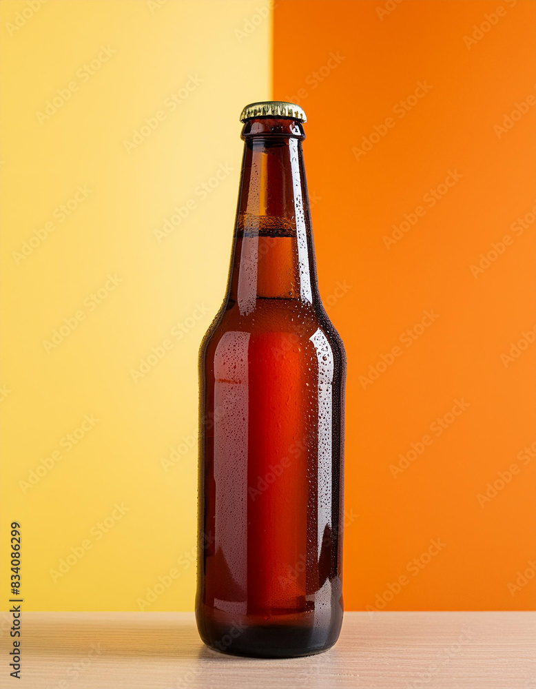 Amber beer bottle against a vibrant orange and yellow backdrop, emphasizing refreshment and modern design in a minimalist setting, copy space on a side Amber beer bottle against a vibrant orange and yellow backdrop, emphasizing refreshment and modern design in a minimalist setting, copy space on a side