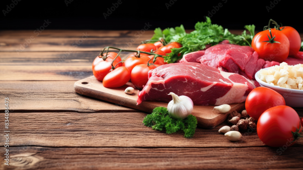 Fresh ingredients for cooking on a wooden board
Fresh ingredients for cooking on a wooden board