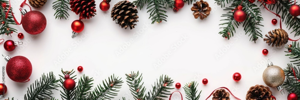 Christmas Theme. Christmas Fir branches Frame with Red Decorations on White Background Christmas Theme. Christmas Fir branches Frame with Red Decorations on White Background