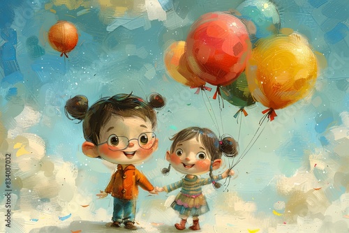 A little boy and girl walk together smiling. Illustration. Friendship Day concept