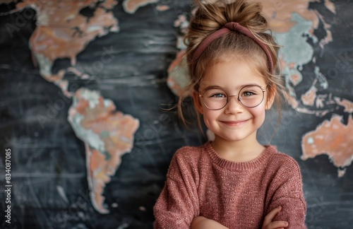 Little Girl With Glasses Standing in Front of Blackboard