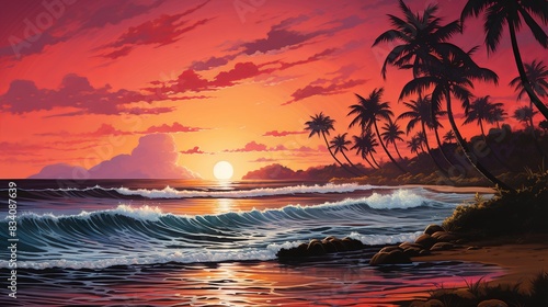 A breathtaking sunset over a serene beach, with waves gently lapping the shore and palm trees silhouetted against the vibrant orange and pink sky. 