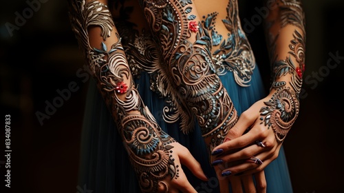 A bridal hand with elaborate henna designs extending to the forearm, incorporating peacocks and swirl   © Awais