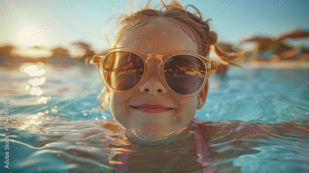 Fototapeta premium Young Girl Wearing Yellow Sunglasses in Swimming Pool