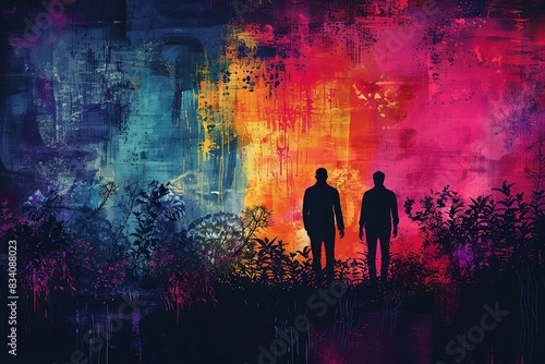 Silhouettes of two male friends against a sunset background. Illustration. Friendship Day concept