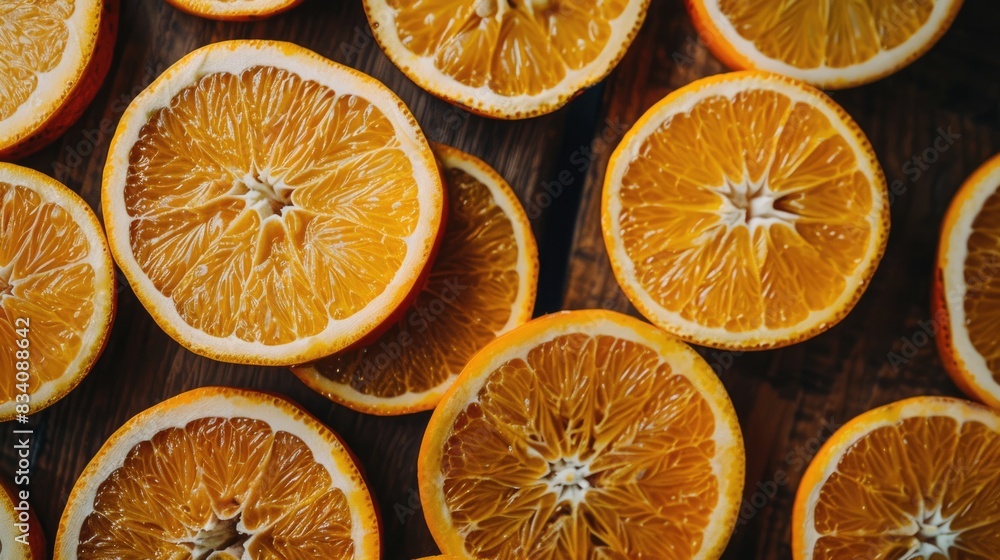 Circle Slices. Overhead View of Fresh Orange Fruit Slices on Table, Perfect for Closeup Food Photography Circle Slices. Overhead View of Fresh Orange Fruit Slices on Table, Perfect for Closeup Food Photography