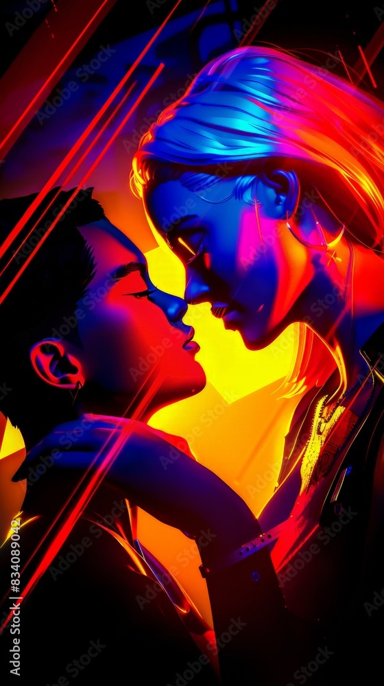 Two people embrace in a vibrant, neon-lit environment Two people embrace in a vibrant, neon-lit environment